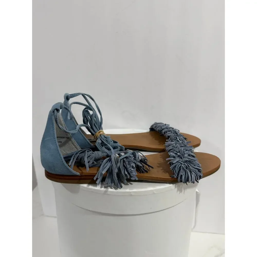 Steve Madden Sweetyy Blue Suede Fringe Lace Up Gladiator Sandals US 7 Ankle Wrap